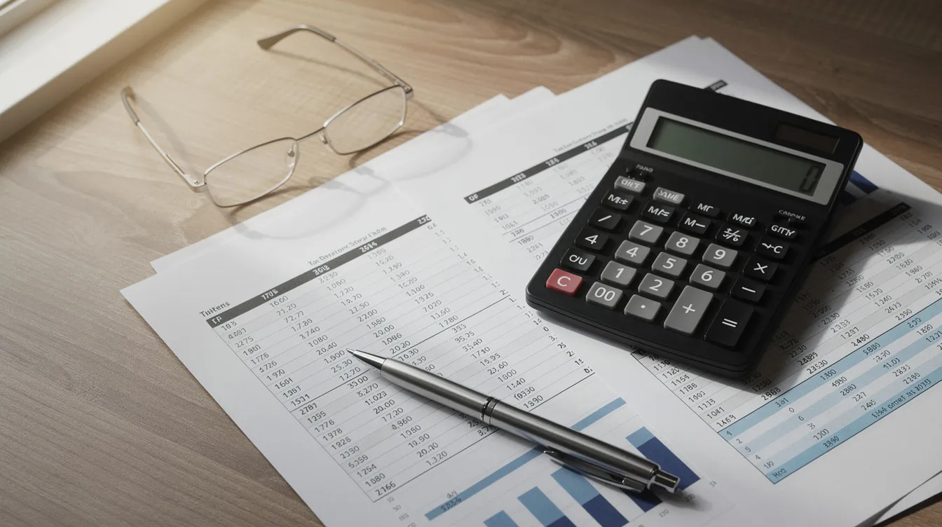 The image features a calculator alongside various financial documents on a wooden desk, symbolizing the essential tools used by tax professionals for effective tax preparation and filing taxes. This scene reflects the importance of accurate accounting services during tax season for individuals and small business owners alike.