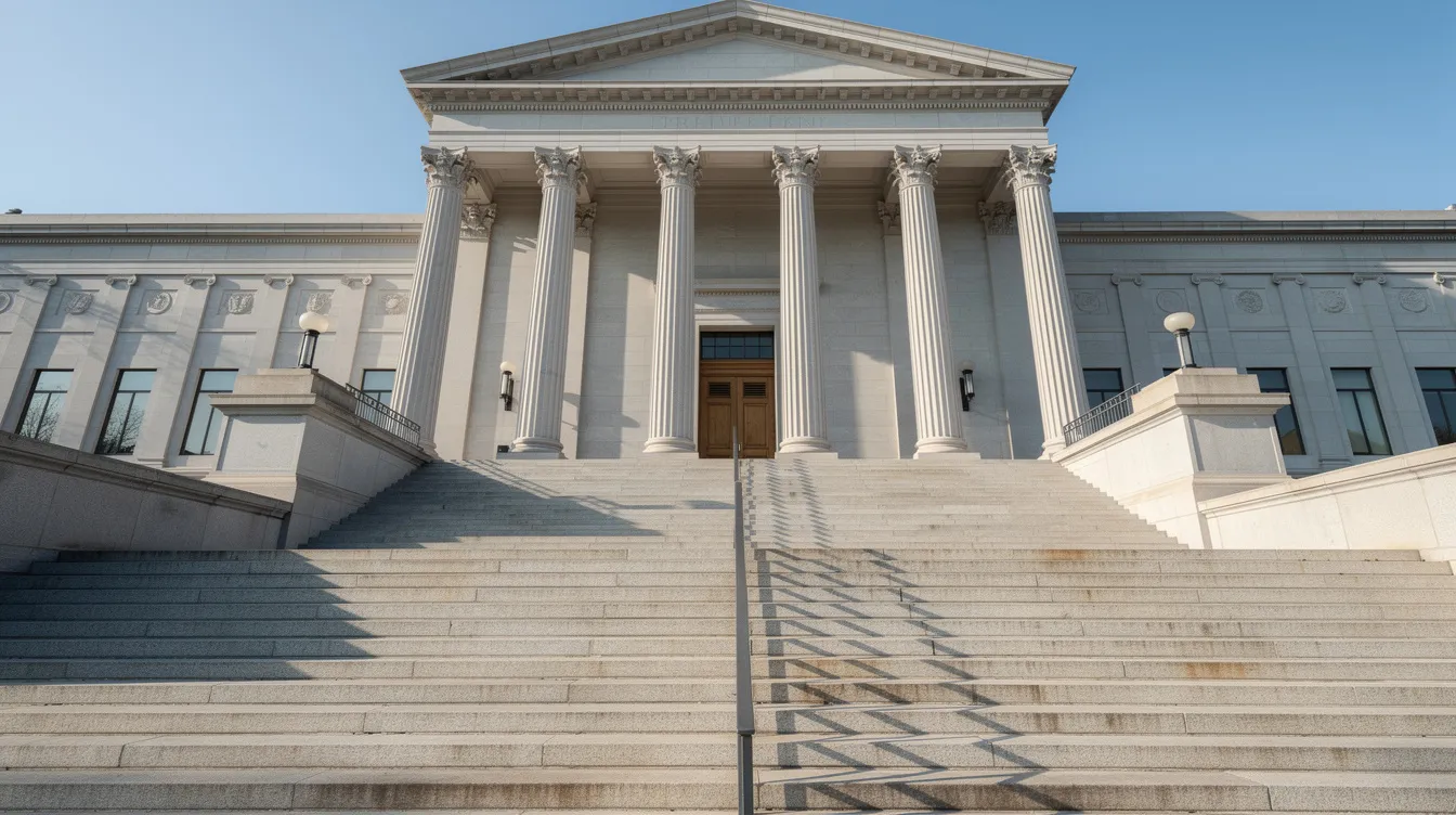The image depicts a grand courthouse featuring large stone columns and a wide staircase leading up to its entrance, symbolizing the authority and structure of the legal system, which includes matters related to federal tax law and income taxation. This architectural design represents the judicial branch's role in interpreting laws, including those concerning taxation and the IRS guidance.