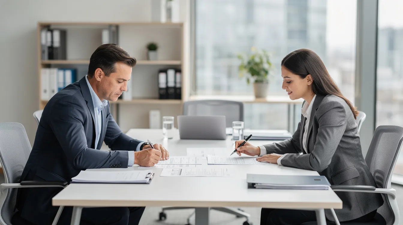 The image depicts a professional office meeting room where two individuals are engaged in reviewing paperwork at a desk, likely discussing tax documents and financial strategies. This setting is typical for tax consultants and professionals assisting clients with their tax preparation and planning needs.
