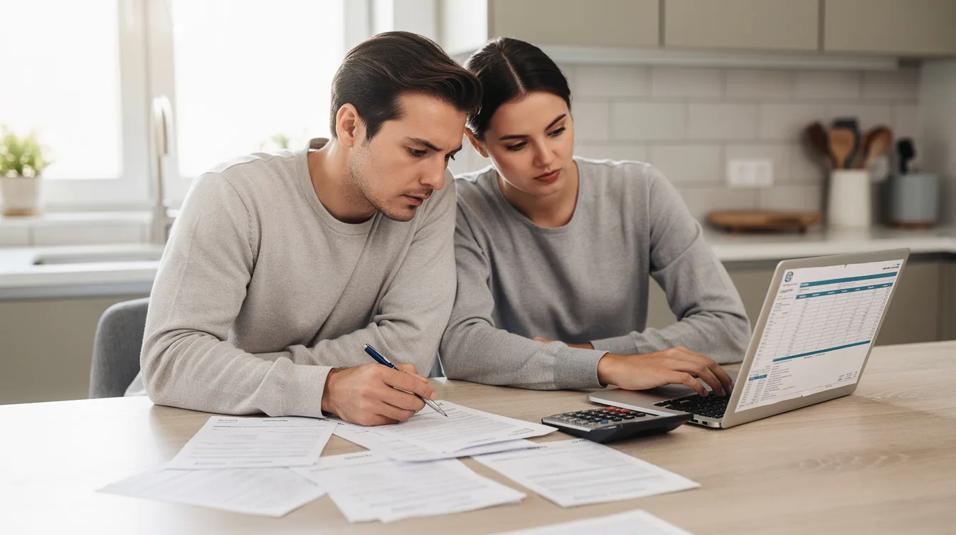 A couple sits at a kitchen table, surrounded by financial paperwork, a calculator, and a laptop, as they review their tax debt and monthly payments. They appear focused on understanding their tax liability and exploring payment options to manage their financial hardship.