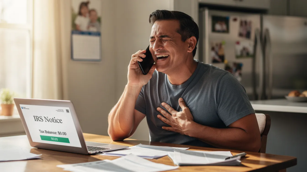 A joyful person is smiling while answering a phone call, discovering that their IRS debt has been forgiven, bringing them relief from tax liabilities and financial stress. This moment highlights the importance of seeking tax debt help and negotiating payment plans with tax professionals.