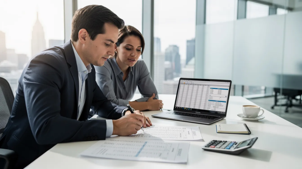 A tax attorney is seated at a modern office desk, reviewing tax documents with a client, who appears engaged in the discussion. The setting reflects a professional environment, emphasizing the importance of legal counsel in navigating complex tax issues and negotiating with the IRS for favorable settlements.