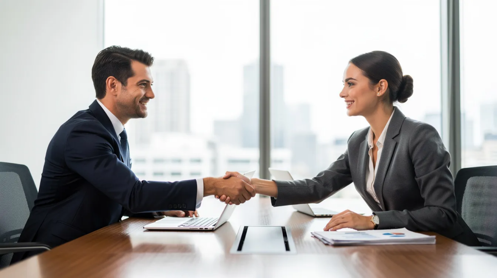 The image shows two professionals shaking hands across a sleek desk in a modern office setting, symbolizing a successful partnership in navigating tax relief services. This interaction highlights the importance of working with legitimate tax relief companies to address issues like personal income tax debt and IRS enforcement.