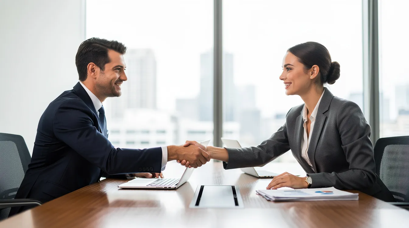The image shows two professionals shaking hands across a sleek desk in a modern office setting, symbolizing a successful partnership in navigating tax relief services. This interaction highlights the importance of working with legitimate tax relief companies to address issues like personal income tax debt and IRS enforcement.