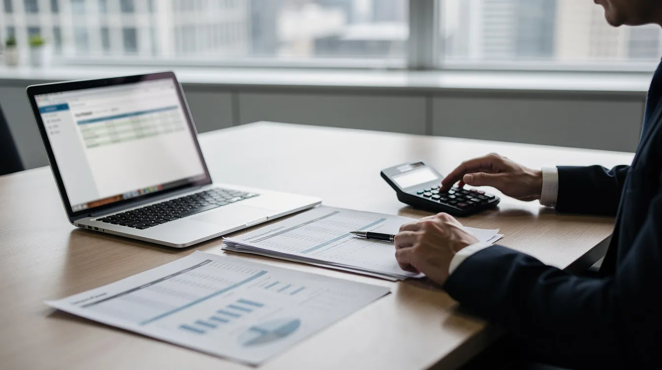 A professional is seated at a desk, intently reviewing financial documents alongside a laptop and calculator, suggesting a focus on tax relief services and financial analysis. The setting implies a serious approach to managing personal income tax debt, possibly indicating a consultation with tax professionals or tax relief companies.