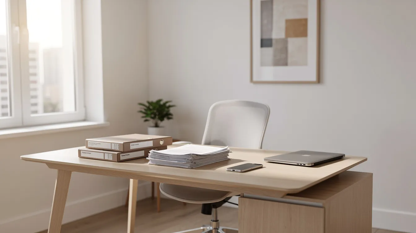 The image depicts a serene and well-organized home office featuring a desk with a phone and neatly arranged paperwork, creating an inviting space for focused work and free consultation on health-related topics. This environment is designed to help patients feel at ease while discussing treatment options and improving their overall life.