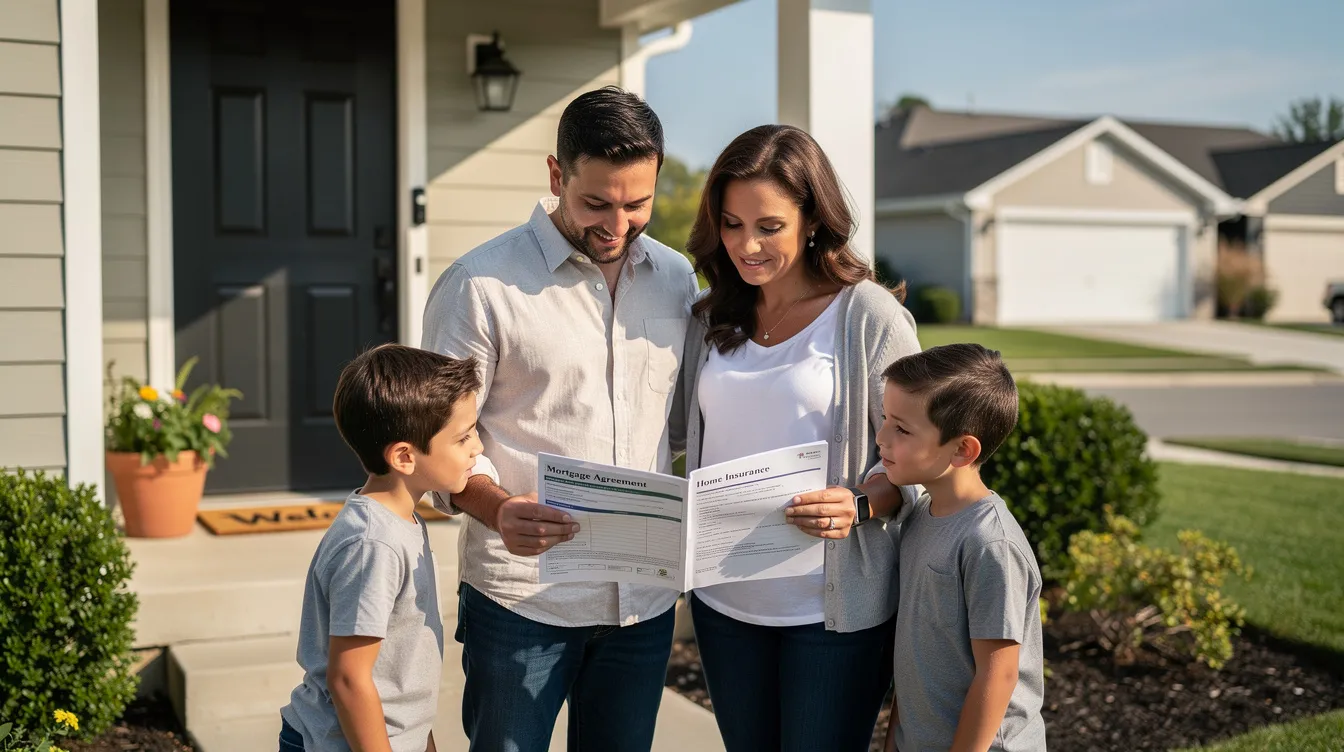 A family stands together outside their suburban home, reviewing paperwork that likely pertains to their tax situation, possibly related to property taxes or a federal tax lien. They appear engaged and focused, suggesting they are seeking assistance with their financial matters.