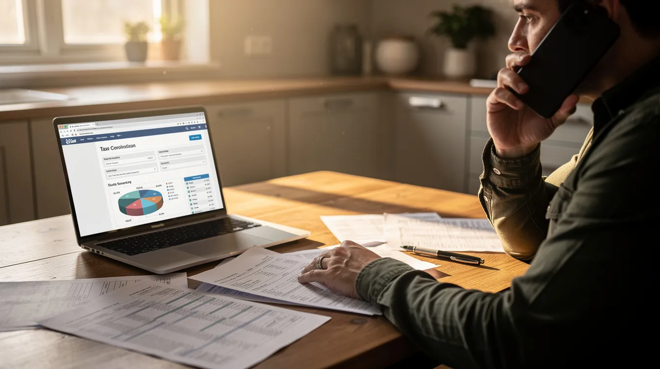A person is seated at a kitchen table, reviewing financial documents and speaking on the phone, with a laptop displaying a tax-related screen. The warm natural lighting creates a cozy atmosphere as they navigate their financial situation, possibly related to unpaid taxes or tax debt.