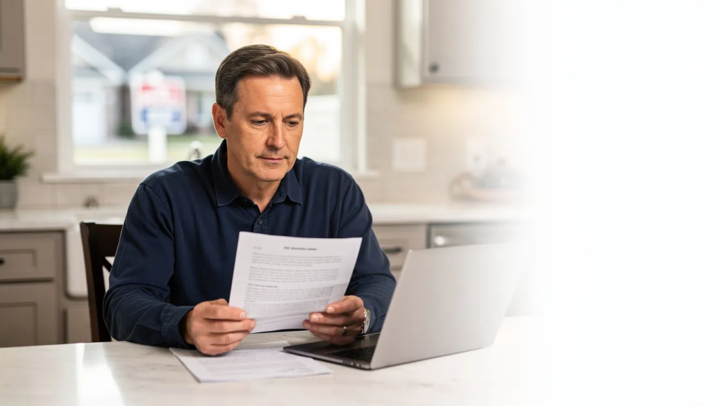 A calm homeowner in their 40s sits at a bright kitchen table, thoughtfully reviewing a printed letter next to a laptop in a suburban setting. The warm morning light highlights their focused expression, while the softly suggested real estate context outside the window hints at their tax situation and potential financial future, emphasizing the importance of tax resolution services like those offered by the Lexington Tax Group.