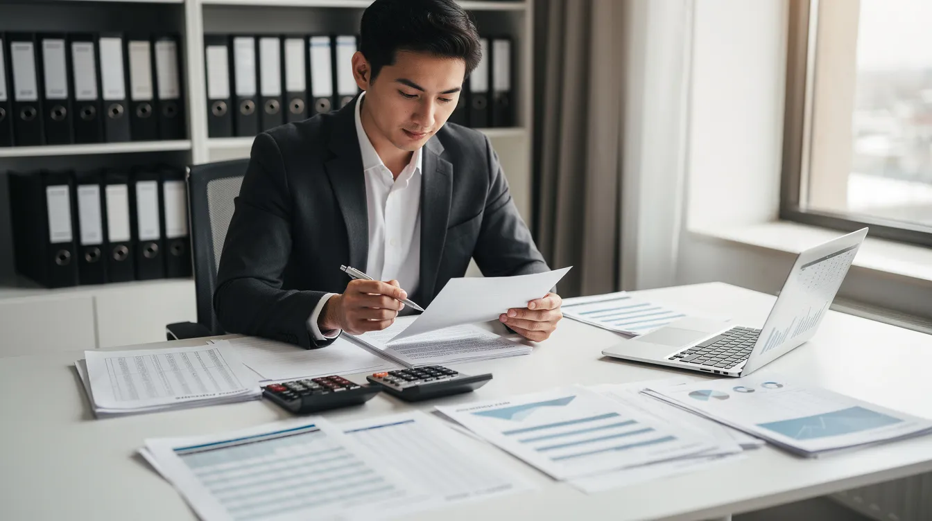 A focused individual sits at a desk cluttered with financial documents and a calculator, reviewing paperwork related to their tax debt. The scene suggests they are considering options like an offer in compromise to settle their liabilities with the IRS, aiming to completely eliminate the taxes they owe.