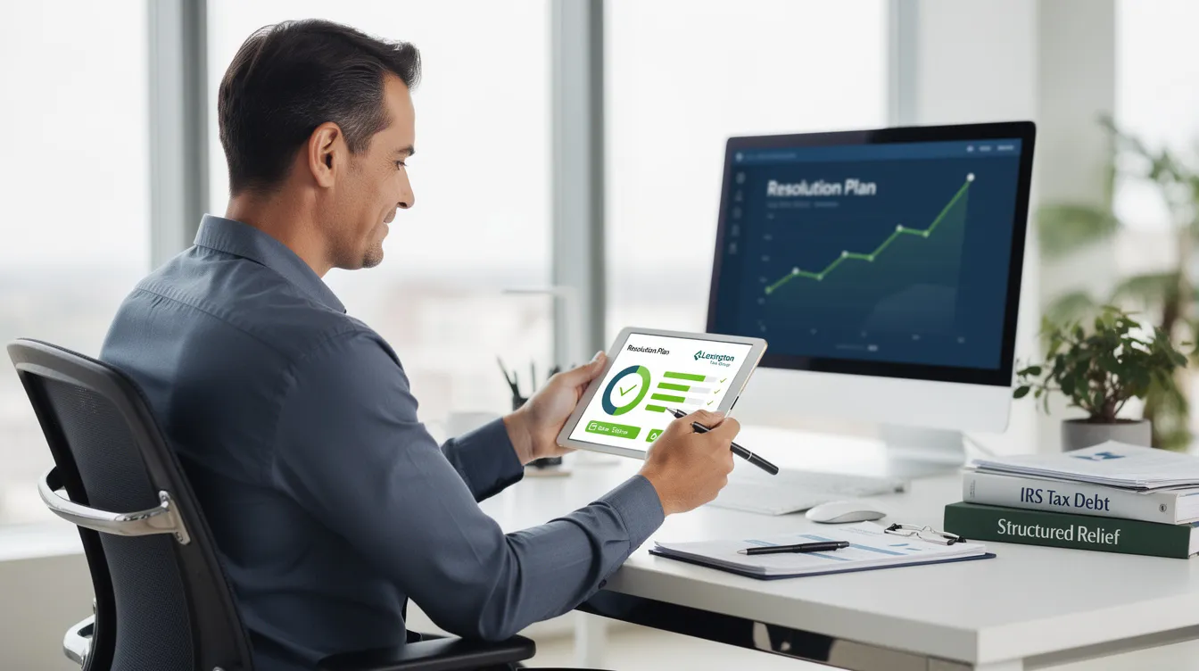 The image shows a confident individual in a modern setting, intently reviewing a resolution plan on a tablet. Visual elements suggest progress and success in overcoming IRS tax debt, highlighting the role of Lexington Tax Group in navigating tax obligations and achieving structured relief.