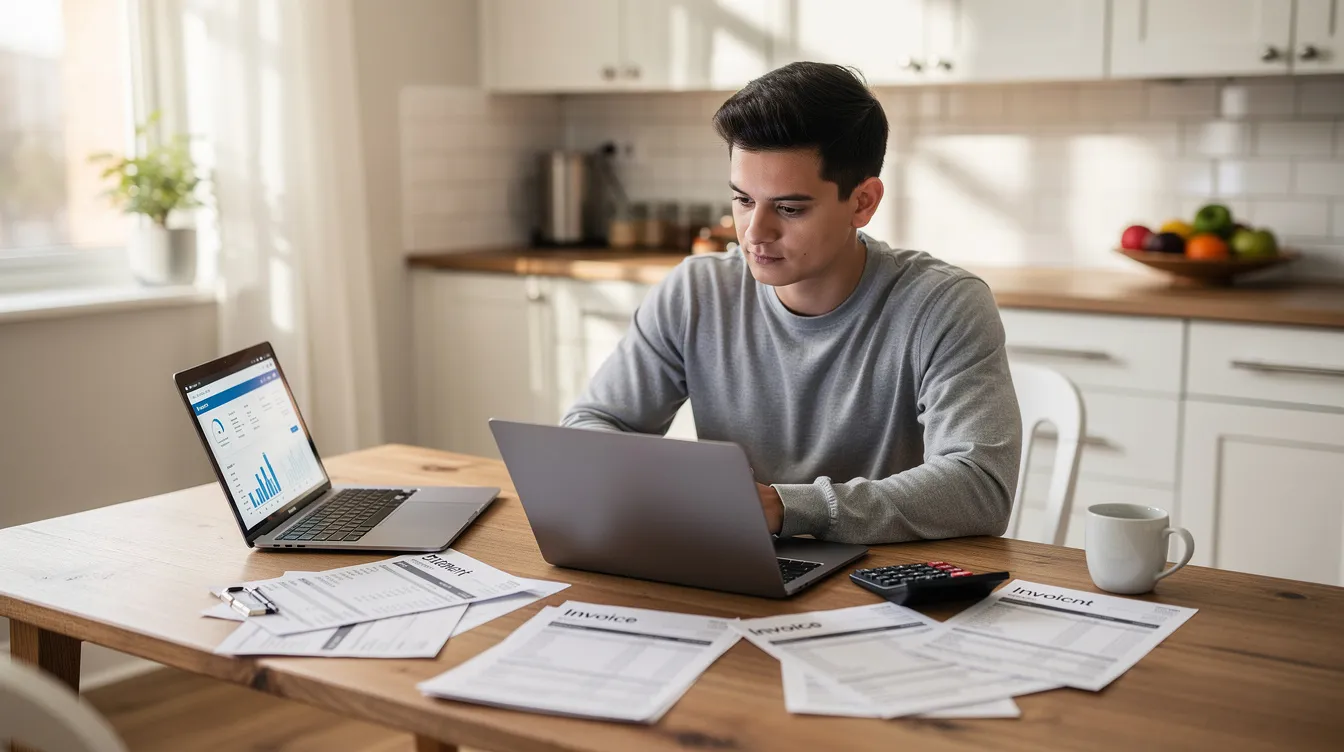 The image shows a person sitting at a kitchen table, focused on reviewing financial documents while using an open laptop. This scene suggests they may be assessing their tax liability or exploring options like an offer in compromise to address their IRS tax problem.