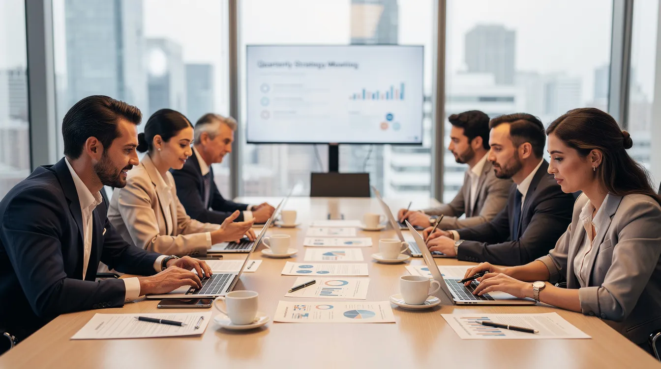 A professional team is gathered around a conference table, engaged in discussion with laptops and documents scattered in front of them, likely addressing tax issues and exploring solutions offered by reputable tax relief companies. The atmosphere reflects collaboration and focus as they strategize on financial stability and tax relief services.