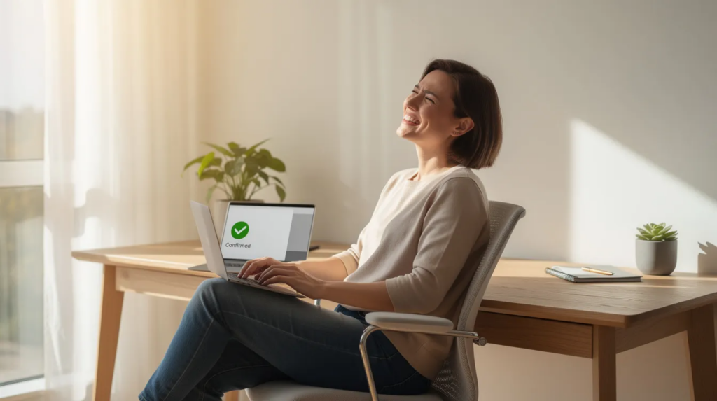 A relieved individual smiles in a bright home office, with sunlight streaming through the window and a laptop displaying a confirmation screen, symbolizing a fresh start after addressing their tax debt. This scene conveys a sense of resolution, highlighting the importance of taking action to manage unpaid taxes and improve one's financial situation.