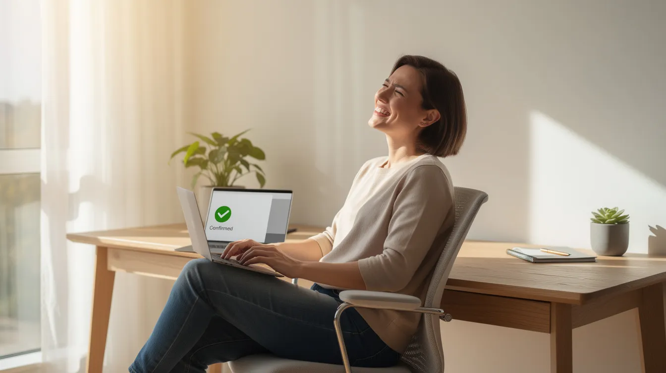 A relieved individual smiles in a bright home office, with sunlight streaming through the window and a laptop displaying a confirmation screen, symbolizing a fresh start after addressing their tax debt. This scene conveys a sense of resolution, highlighting the importance of taking action to manage unpaid taxes and improve one's financial situation.