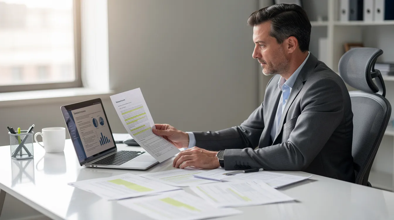 A person is seated at a desk, intently comparing various documents displayed on their laptop screen, likely assessing their tax situation and exploring options from different tax relief companies. The scene suggests a focus on finding the right tax relief solutions to address potential tax debt and related issues.