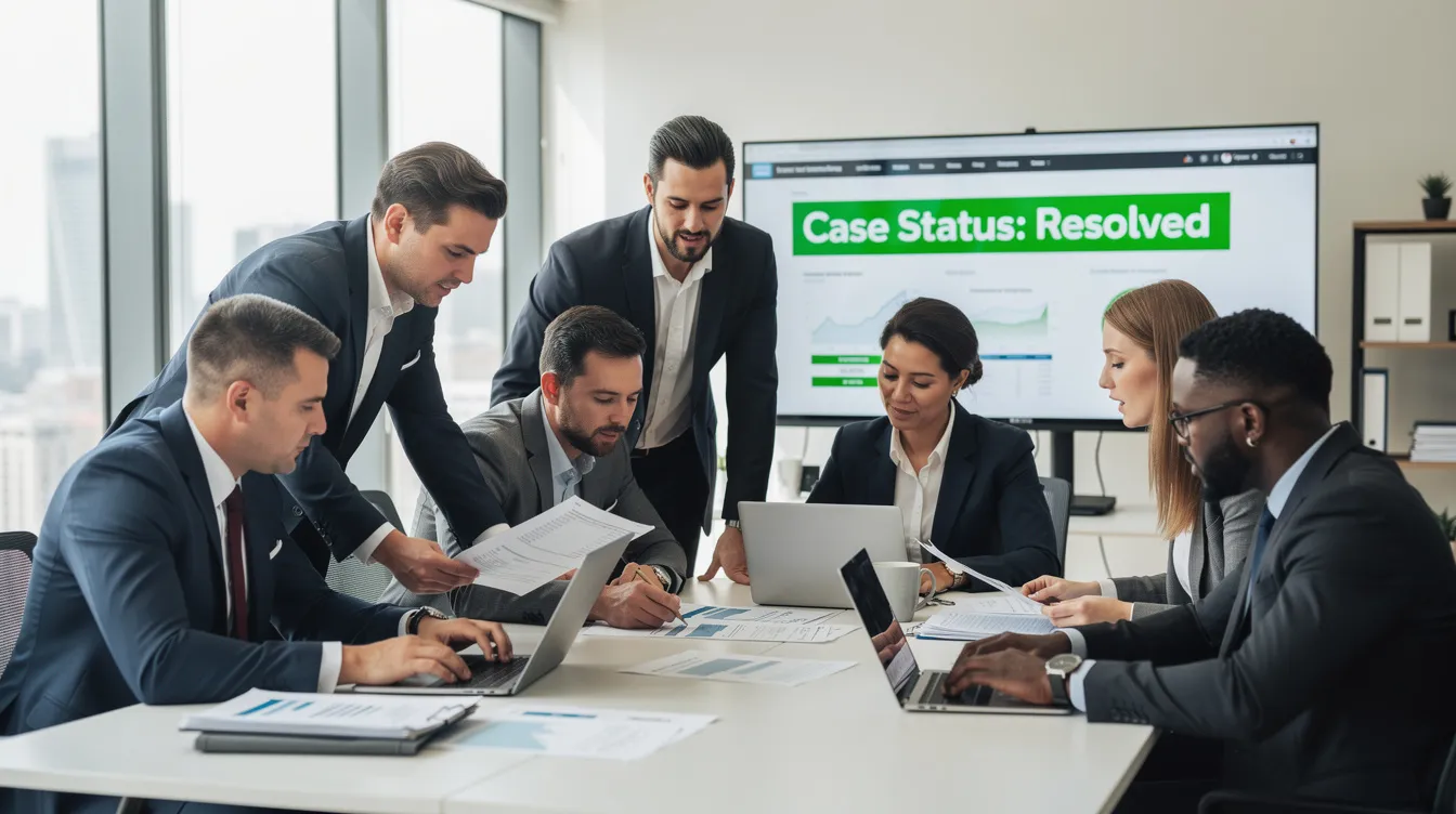 A professional team of tax resolution specialists is gathered in a modern office, reviewing documentation and discussing strategies to help clients respond to IRS letters regarding proposed additional tax. On a monitor, a resolved case status is displayed, showcasing their commitment to eliminating penalties and ensuring accurate tax returns.