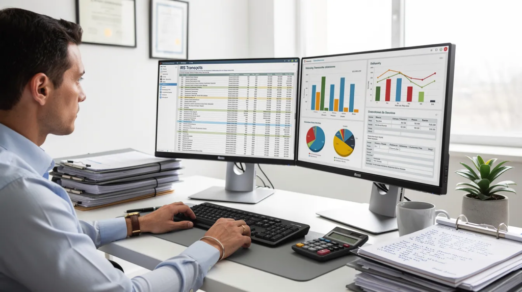 A dedicated tax professional is intently reviewing financial documents and IRS transcripts on a dual-monitor setup in a sleek, organized office. The screens display various charts and tax forms, illustrating the complexities of tax debt and potential tax relief options available through reputable companies like Lexington Tax Group.