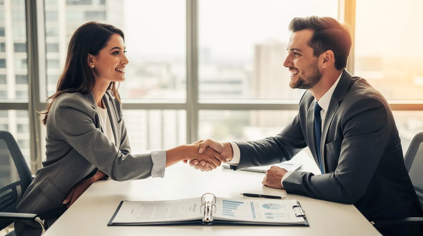 A smiling client shakes hands with a professional in a bright office, symbolizing relief and success in resolving their tax situation. A folder of completed documents sits on the desk, reflecting the positive outcome of their engagement with reputable tax relief companies like Lexington Tax Group.