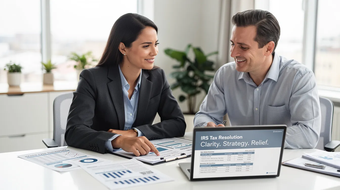 The image depicts a calm and professional meeting between a tax advisor and a relieved client, as they review documents together in a bright, modern office. This scene symbolizes clarity and solutions for IRS tax challenges, highlighting the importance of professional help from experts like the Lexington Tax Group in addressing issues such as tax debt and payment plans.