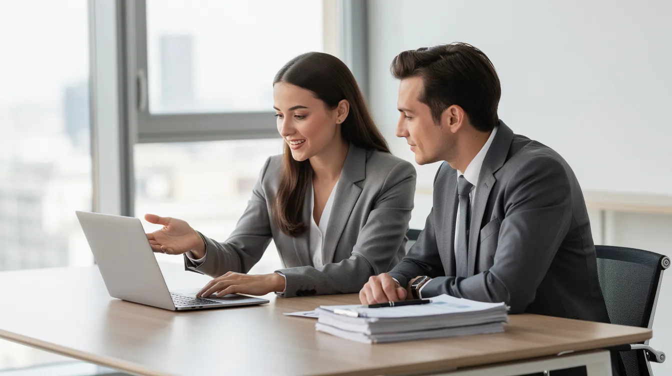 A friendly tax professional is seated at a modern desk, engaging with a client amidst documents and a laptop, both appearing calm and focused in a bright office. This scene reflects a supportive environment where taxpayers can receive valuable tax advice regarding their financial situation and potential solutions for managing tax debt and unpaid taxes.