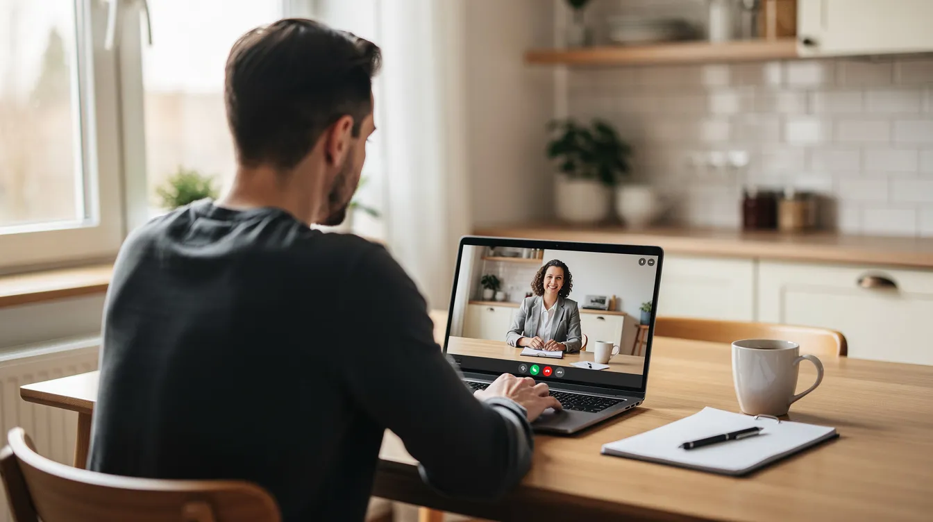 A person is sitting at their kitchen table, engaged in a video consultation on a laptop, discussing health treatment options with an expert. The setting suggests a comfortable environment where patients can easily book a free consultation to improve their understanding of medical care.