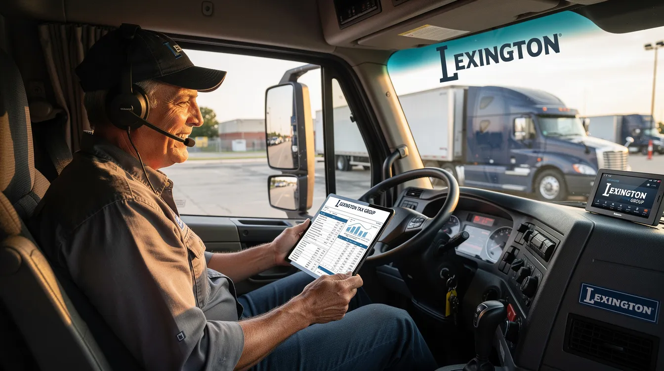 An owner-operator trucker is sitting in the cab of a semi-truck, confidently speaking on a hands-free headset while reviewing tax documents on a tablet, with the Lexington Tax Group logo visible. This image symbolizes expert support for truckers facing unique tax challenges, including IRS tax debt and tax resolution strategies.