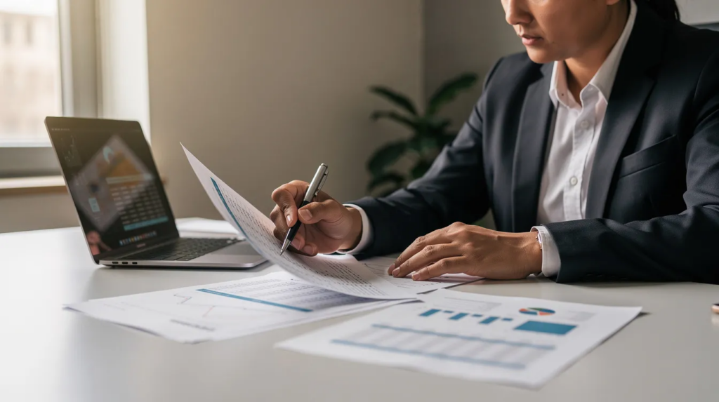 A person is seated at a desk, reviewing financial documents while using a laptop, likely preparing for tax filing. This scene highlights the role of tax professionals, such as enrolled agents, who assist clients in navigating tax laws and filing their tax returns efficiently.
