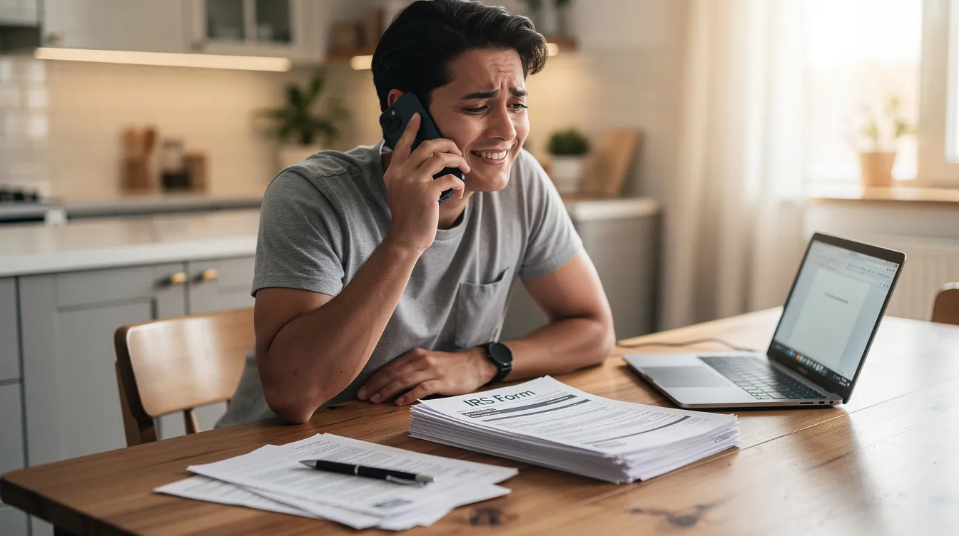 A relieved person is seated at a kitchen table, calmly reviewing IRS paperwork and speaking on the phone in a well-lit home environment. The open laptop displays information related to their tax return, indicating a proactive approach to handling the situation and addressing any common errors or notices received from the IRS.