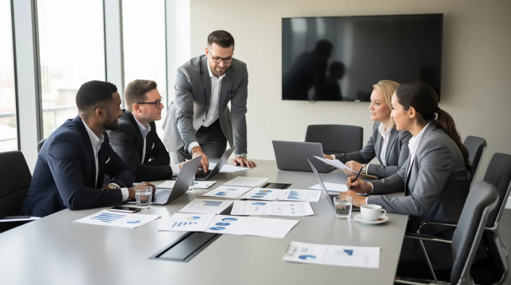 The image shows a diverse professional team gathered around a conference table, actively collaborating on documents related to tax liabilities and IRS issues. They appear focused and engaged, discussing strategies for managing tax debt and exploring options like offers in compromise and installment agreements.