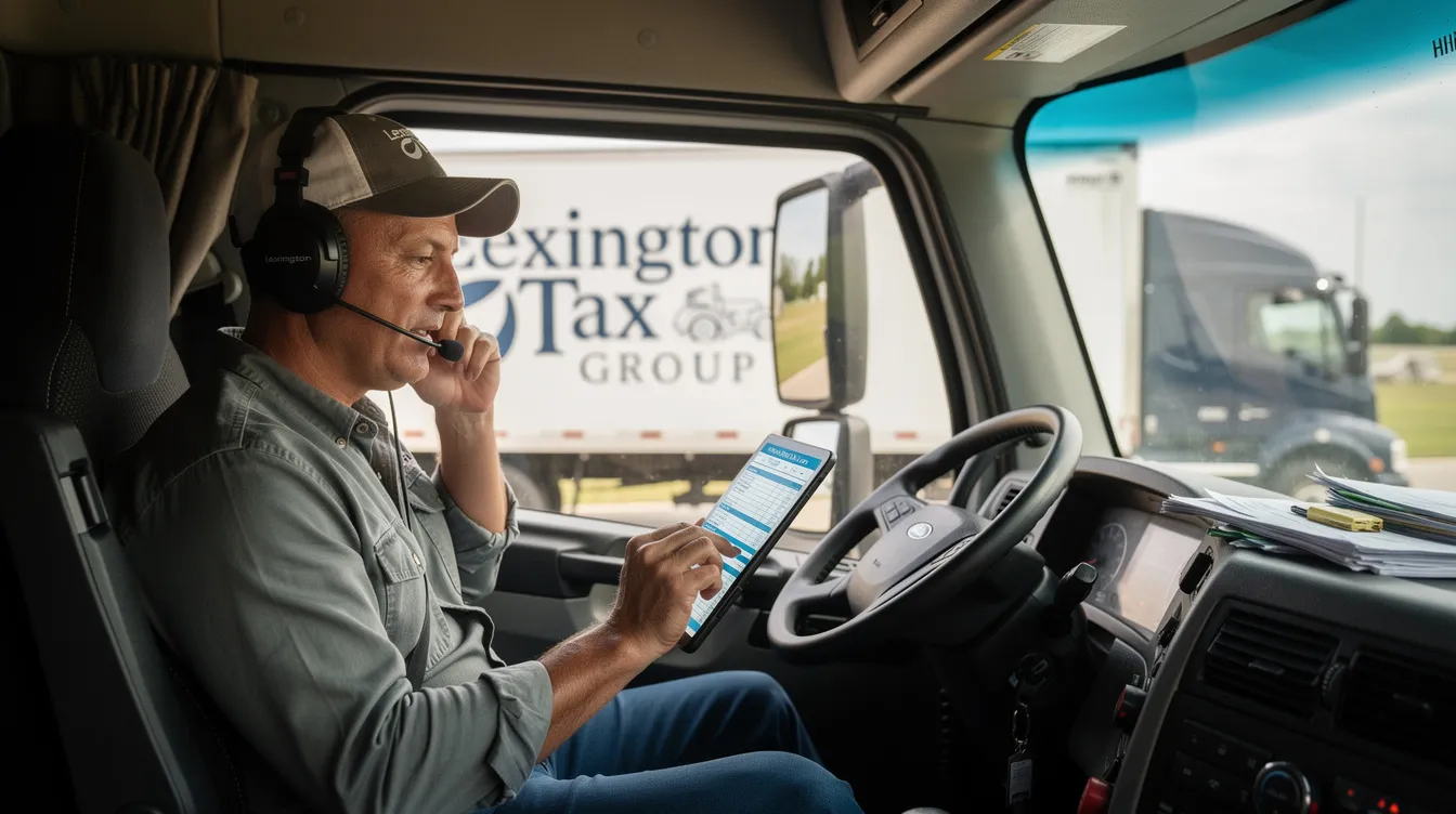 An owner-operator trucker sits confidently in the cab of a semi-truck, speaking on a hands-free headset while reviewing tax documents on a tablet. The truck's window reveals a clear view of the road, symbolizing the expert support of Lexington Tax Group in resolving tax issues unique to truckers, including IRS tax debt and payment plans.