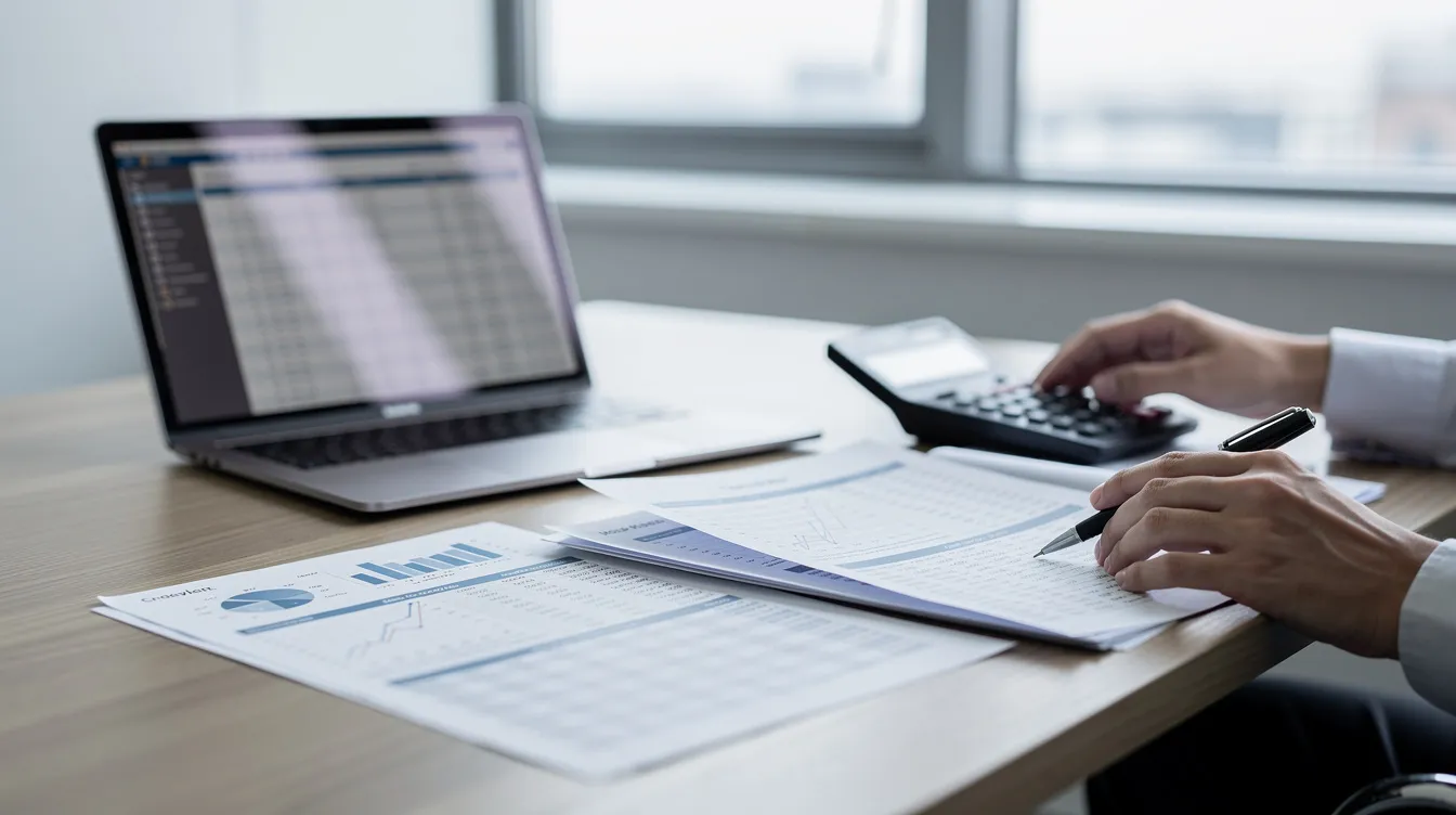 A professional sits at a desk, intently reviewing financial documents with a laptop and calculator in front of them. This scene conveys a sense of dedication and expertise in managing finances, which can help improve the overall care and understanding of patients in a clinic setting.